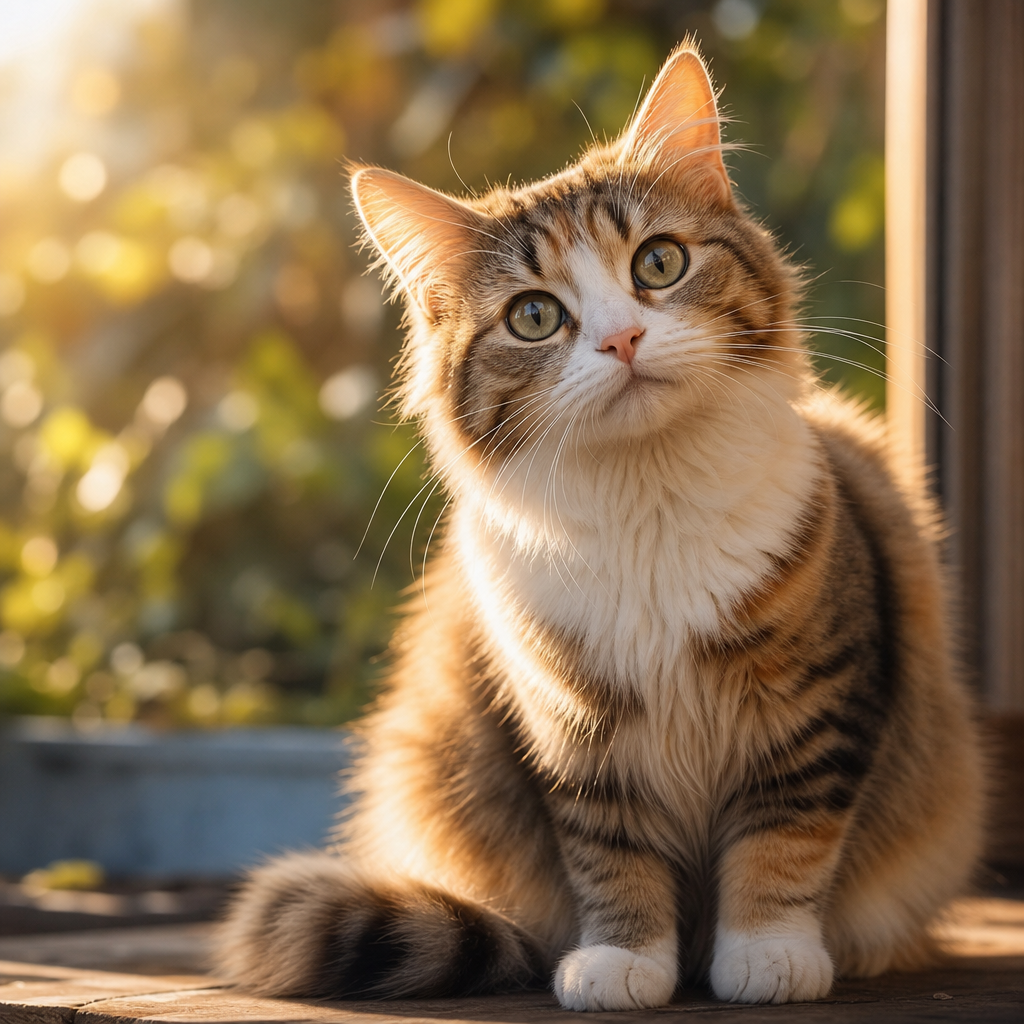 AI 生成图片：A fluffy domestic cat with soft, expressive eyes and delicate whiskers, sitting gracefully…